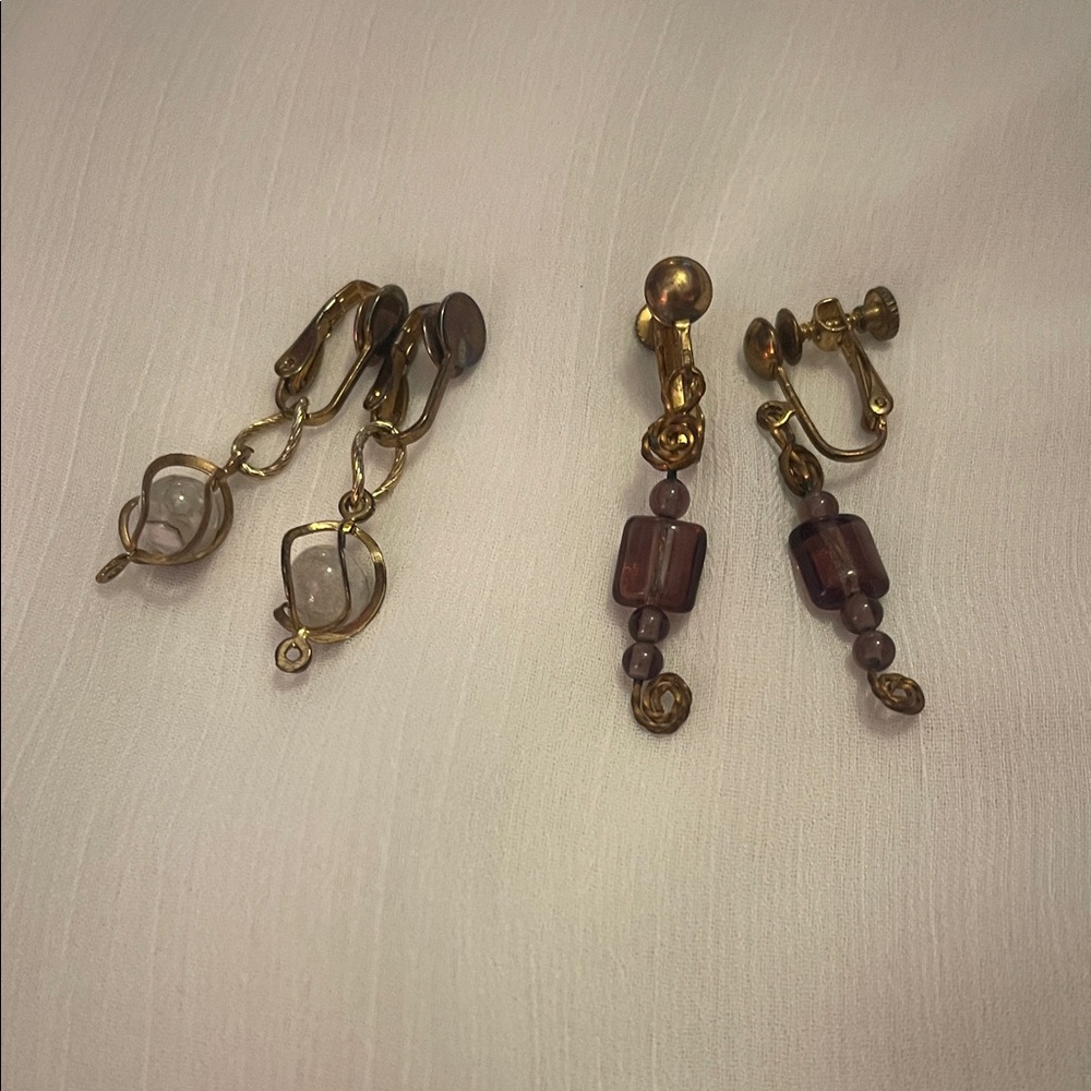 2 Pair Vintage Gold and Brown Beaded Clip-On Earrings